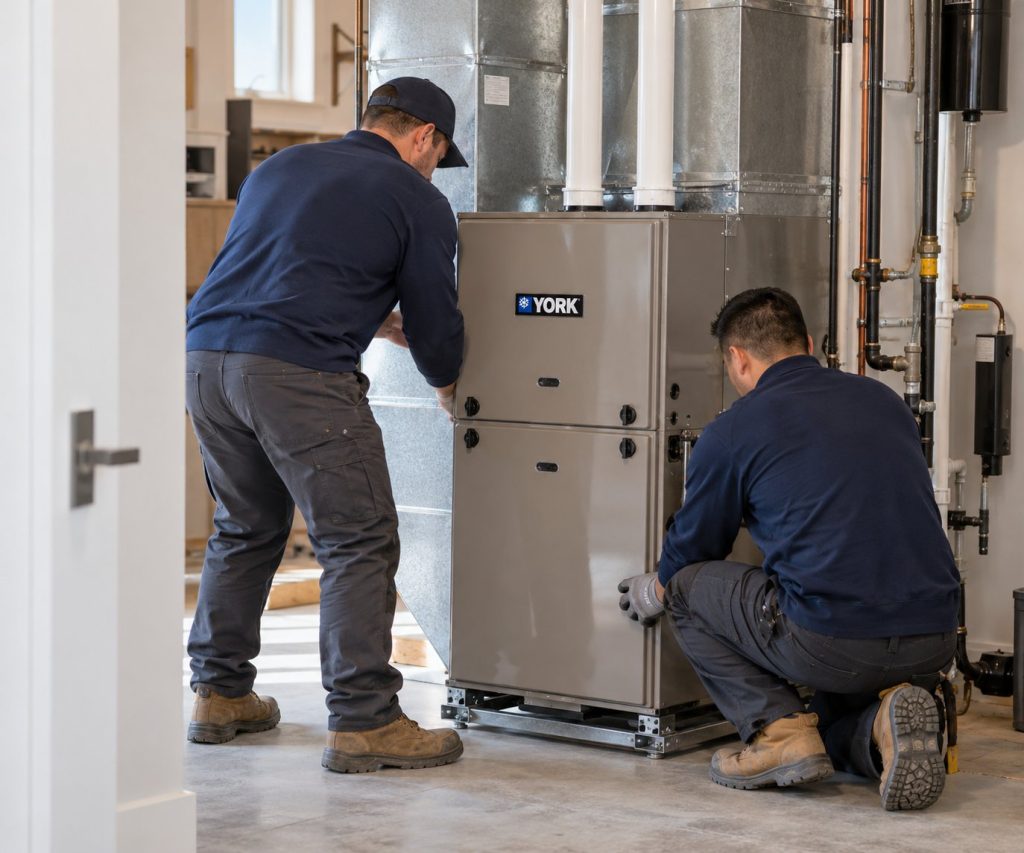 Two HVAC technicians installing a new high-efficiency gas furnace in a home utility room