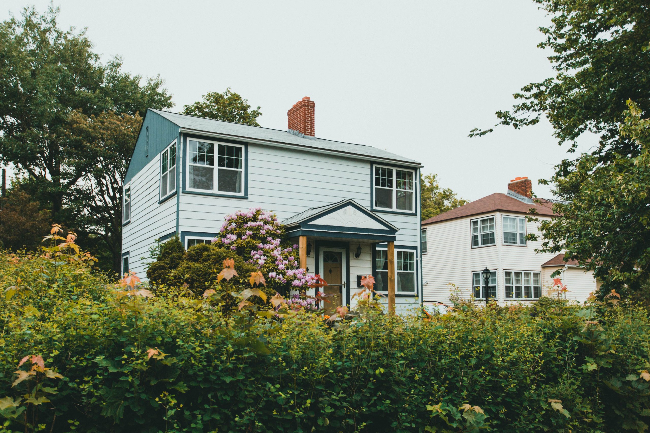 Charming two-story wooden house surrounded by lush greenery and vibrant flowers in a suburban neighborhood.